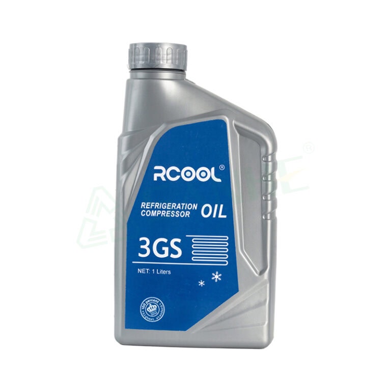 Refrigerant oil 3GS in a gray plastic bottle with blue label, used for refrigeration compressors and HVAC systems.